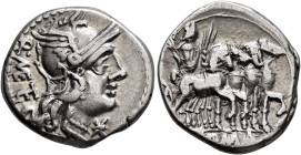 Q. Caecilius Metellus, 130 BC. Denarius (Silver, 19 mm, 3.89 g, 3 h), Rome. Q ME TE Head of Roma to right, wearing winged helmet, pendant earring and ...