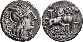 M. Vargunteius, 130 BC. Denarius (Silver, 18 mm, 3.59 g, 6 h), Rome. M• VAR G Head of Roma to right, wearing winged helmet, pendant earring and pearl ...