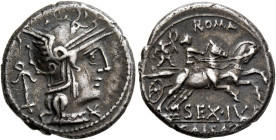 Sex. Julius Caesar, 129 BC. Denarius (Silver, 17 mm, 3.92 g, 8 h), Rome. Helmeted head of Roma to right; behind, anchor; below chin, star (mark of val...