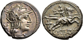 Q. Philippus, 129 BC. Denarius (Silver, 19 mm, 3.90 g, 12 h), Rome. Head of Roma to right, wearing winged helmet, pendant earring and pearl necklace; ...