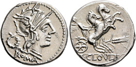 T. Cloelius, 128 BC. Denarius (Silver, 19 mm, 3.94 g, 9 h), Rome. ROMA Head of Roma to right, wearing winged helmet; behind, wreath. Rev. T•CLOVLI Vic...