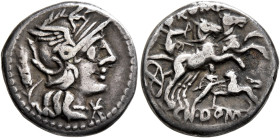 Cn. Domitius Ahenobarbus, 128 BC. Denarius (Silver, 17 mm, 3.88 g, 11 h), Rome. Head of Roma to right, wearing winged helmet; behind, grain ear; befor...