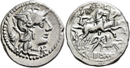 Cn. Domitius Ahenobarbus, 128 BC. Denarius (Silver, 19 mm, 3.92 g, 7 h), Rome. Head of Roma to right, wearing winged helmet; behind, grain ear; before...