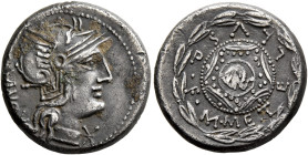 M. Caecilius Q.f. Q.n. Metellus, 127 BC. Denarius (Silver, 18 mm, 4.14 g), Rome. ROMA Head of Roma to right, wearing winged helmet, pendant earring an...