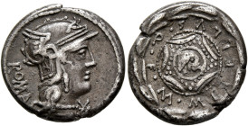 M. Caecilius Q.f. Q.n. Metellus, 127 BC. Denarius (Silver, 18 mm, 3.82 g), Rome. ROMA Head of Roma to right, wearing winged helmet, pendant earring an...