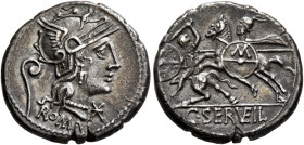 C. Servilius Vatia, 127 BC. Denarius (Silver, 19 mm, 3.84 g, 12 h), Rome. ROMA Head of Roma to right, wearing winged helmet; behind, lituus; before, s...