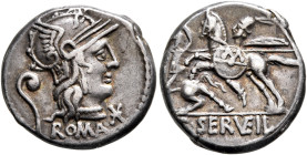 C. Servilius Vatia, 127 BC. Denarius (Silver, 18 mm, 3.91 g, 9 h), Rome. Head of Roma to right, wearing winged helmet; behind, lituus; before, star (m...