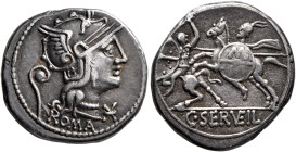 C. Servilius Vatia, 127 BC. Denarius (Silver, 19 mm, 3.94 g, 8 h), Rome. ROMA Head of Roma to right, wearing winged helmet; behind, lituus; before, st...