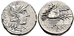 M. Fannius C.f, 123 BC. Denarius (Silver, 18 mm, 3.92 g, 11 h), Rome. ROMA Head of Roma to right, wearing winged helmet, pendant earring and pearl nec...