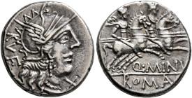 Q. Minucius Rufus, 122 BC. Denarius (Silver, 17 mm, 3.93 g, 1 h), Rome. RVF Helmeted head of Roma to right; below chin, X (mark of value). Rev. Q•MINV...