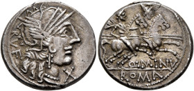 Q. Minucius Rufus, 122 BC. Denarius (Silver, 19 mm, 3.80 g, 12 h), Rome. RVF Head of Roma to right, wearing winged helmet, pendant earring and pearl n...