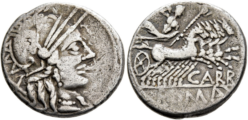 Cn. Carbo, 121 BC. Denarius (Silver, 20 mm, 3.68 g, 6 h), Rome. Head of Roma to ...