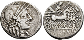 Cn. Carbo, 121 BC. Denarius (Silver, 20 mm, 3.68 g, 6 h), Rome. Head of Roma to right, wearing winged helmet, pendant earring and pearl necklace; behi...