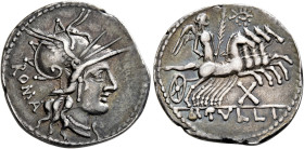 M. Tullius, 119 BC. Denarius (Silver, 21 mm, 3.85 g, 4 h), Rome. Head of Roma to right, wearing winged helmet, pendant earring and pearl necklace. Rev...