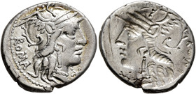 M. Tullius, 119 BC. Denarius (Silver, 20 mm, 3.81 g, 12 h), brockage mint error, Rome. Head of Roma to right, wearing winged helmet; before, star (mar...