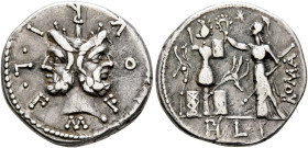 M. Furius L.f. Philus, 120 BC. Denarius (Silver, 19 mm, 3.88 g, 1 h), Rome. M•FOVRI•L•F Laureate head of Janus. Rev. ROMA / (PH)LI Roma standing front...