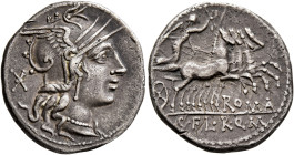 C. Fabius, L. Roscius and Q. Marcius, 118-117 BC. Denarius (Silver, 19 mm, 3.81 g, 6 h), Rome. Helmeted head of Roma to right; behind, X (mark of valu...