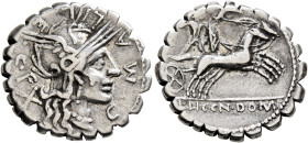 C. Malleolus C.f, 118 BC. Denarius (Silver, 20 mm, 3.96 g, 4 h), Narbo. C•MALLE•C•F• Head of Roma to right, wearing winged helmet; behind, X (mark of ...