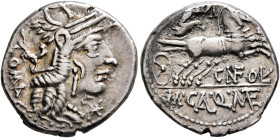 Cn. Fulvius, M. Calidius and Q. Metellus, 117-116 BC. Denarius (Silver, 19 mm, 4.00 g, 1 h), Rome. Helmeted head of Roma to right; below chin, X (mark...