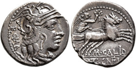 Cn. Fulvius, M. Calidius and Q. Metellus, 117-116 BC. Denarius (Silver, 18 mm, 3.90 g, 4 h), Rome. ROMA Helmeted head of Roma to right; below chin, st...