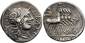 Q. Curtius, 116-115 BC. Denarius (Silver, 19 mm, 3.84 g, 7 h), with M. Silanus, Rome. Q•CVRT Head of Roma to right, wearing winged and crested helmet;...