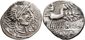 Q. Curtius, 116-115 BC. Denarius (Silver, 19 mm, 3.92 g, 6 h), with M. Silanus, Rome. Q•CVRT Head of Roma to right, wearing winged and crested helmet;...
