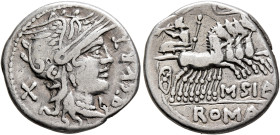 Q. Curtius, 116-115 BC. Denarius (Silver, 19 mm, 3.91 g, 5 h), with M. Silanus, Rome. Q•CVRT Head of Roma to right, wearing winged and crested helmet;...