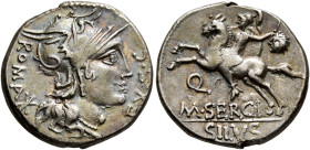 M. Sergius Silus, 116-115 BC. Denarius (Silver, 19 mm, 3.86 g, 12 h), Rome. ROMA - EX•S•C• Head of Roma to right, wearing winged helmet and pearl neck...