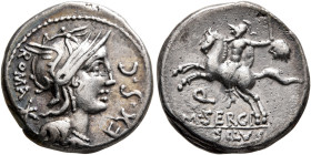 M. Sergius Silus, 116-115 BC. Denarius (Silver, 17 mm, 3.84 g, 4 h), Rome. ROMA - EX•S•C• Head of Roma to right within laurel wreath, wearing winged h...