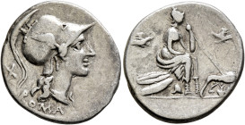 Anonymous, 115-114 BC. Denarius (Silver, 20.5 mm, 3.89 g, 5 h), Rome. ROMA Head of Roma to right, wearing winged and crested Corinthian helmet; behind...