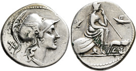 Anonymous, 115-114 BC. Denarius (Silver, 20 mm, 3.91 g, 9 h), Rome. ROMA Head of Roma to right, wearing winged and crested Corinthian helmet; behind, ...