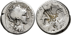 M. Cipius M.f, 115-114 BC. Denarius (Silver, 17 mm, 3.84 g, 12 h), brockage mint error, Rome. [M•CI]PI•M•F Head of Roma to right, wearing winged helme...