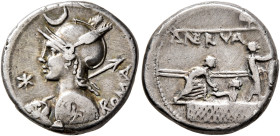 P. Nerva, 113-112 BC. Denarius (Silver, 16 mm, 3.85 g, 1 h), Rome. ROMA Bust of Roma to left, wearing helmet decorated with crescent above, holding sp...