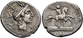 L. Philippus, 113-112 BC. Denarius (Silver, 19 mm, 3.78 g, 11 h), Rome. Head of Philip V of Macedon to right, wearing diademed royal Macedonian helmet...