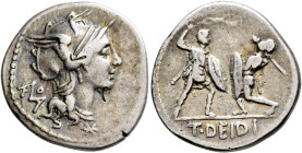 T. Didius, 113-112 BC. Denarius (Silver, 20 mm, 3.86 g, 7 h), Rome. Head of Roma to right, wearing crested and winged helmet; behind, monogram of ROMA...