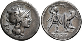 T. Didius, 113-112 BC. Denarius (Silver, 19 mm, 3.88 g, 3 h), Rome. Head of Roma to right, wearing crested and winged helmet; behind, monogram of ROMA...