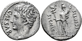 Augustus, 27 BC-AD 14. Denarius (Silver, 17 mm, 3.65 g, 5 h), uncertain mint in Spain (Colonia Patricia?), 19 BC. CAESAR AVGVSTVS Bare head of Augustu...