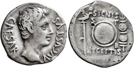 Augustus, 27 BC-AD 14. Denarius (Silver, 19 mm, 3.45 g, 5 h), uncertain mint in Spain (Colonia Patricia?), circa 19 BC. CAESAR AVGVSTVS Bare head of A...