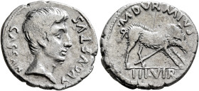 Augustus, 27 BC-AD 14. Denarius (Silver, 20 mm, 3.58 g, 1 h), Rome. M. Durmius, moneyer, 19-18 BC. CAESAR AVGVSTVS Bare head of Augustus to right. Rev...