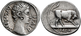 Augustus, 27 BC-AD 14. Denarius (Silver, 19 mm, 3.70 g, 6 h), Lugdunum, circa 15-13 BC. AVGVSTVS DIVI•F Bare head of Augustus to right. Rev. IMP•X Bul...