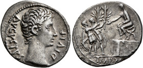 Augustus, 27 BC-AD 14. Denarius (Silver, 20 mm, 3.49 g, 6 h), Lugdunum, 15-13 BC. AVGVSTVS DIVI•F Bare head of Augustus to right. Rev. IMP•X Two soldi...