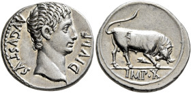 Augustus, 27 BC-AD 14. Denarius (Silver, 19 mm, 3.89 g, 12 h), Lugdunum, circa 15-13 BC. AVGVSTVS DIVI•F Bare head of Augustus to right. Rev. IMP•X Bu...