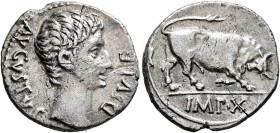 Augustus, 27 BC-AD 14. Denarius (Silver, 17 mm, 3.71 g, 6 h), Lugdunum, circa 15-13 BC. AVGVSTVS DIVI•F Bare head of Augustus to right. Rev. IMP•X Bul...