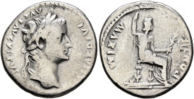 Tiberius, 14-37. Denarius (Silver, 19 mm, 3.45 g, 5 h), Lugdunum, group 2, circa 15-18. TI CAESAR DIVI AVG F AVGVSTVS Laureate head of Tiberius to rig...