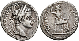 Tiberius, 14-37. Denarius (Silver, 18 mm, 3.55 g, 6 h), Lugdunum, group 4, circa 18-35. TI CAESAR DIVI AVG F AVGVSTVS Laureate head of Tiberius to rig...