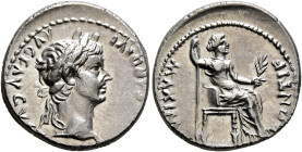 Tiberius, 14-37. Denarius (Silver, 19 mm, 3.87 g, 12 h), Lugdunum, group 4, circa 18-35. TI CΑESΑR DIVI ΑVG F ΑVGVSTVS Laureate head of Tiberius to ri...