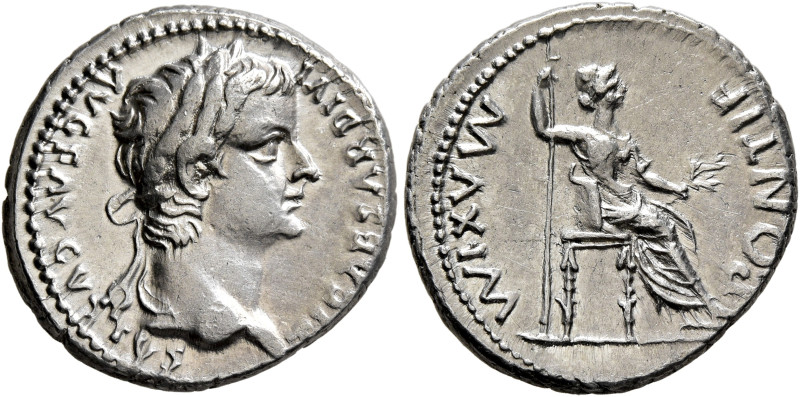 Tiberius, 14-37. Denarius (Silver, 19 mm, 3.84 g, 3 h), Lugdunum, group 4, circa...