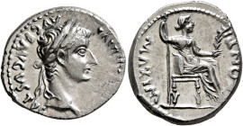 Tiberius, 14-37. Denarius (Silver, 19 mm, 3.74 g, 3 h), Lugdunum, group 4, circa 18-35. [TI CΑESΑR] DIVI ΑVG F ΑVGVSTVS Laureate head of Tiberius to r...