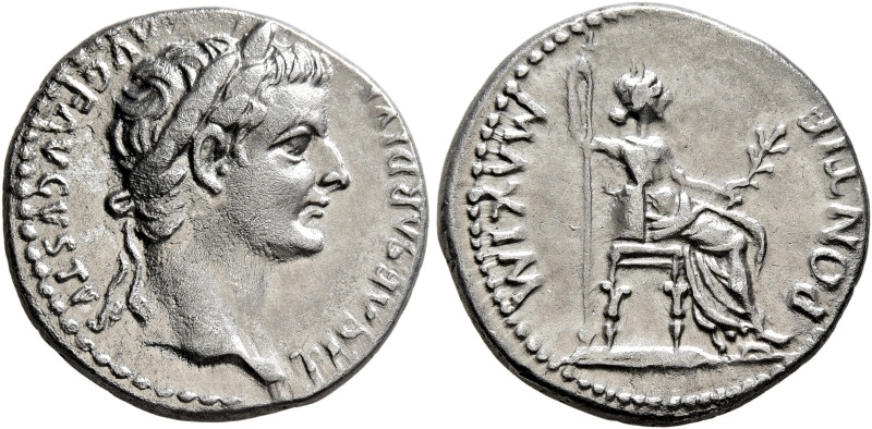 Tiberius, 14-37. Denarius (Silver, 18 mm, 3.64 g, 10 h), Lugdunum, group 4, circ...