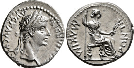 Tiberius, 14-37. Denarius (Silver, 19 mm, 3.85 g, 3 h), Lugdunum, group 4, circa 18-35. TI CΑESΑR DIVI ΑVG F ΑVGVSTVS Laureate head of Tiberius to rig...